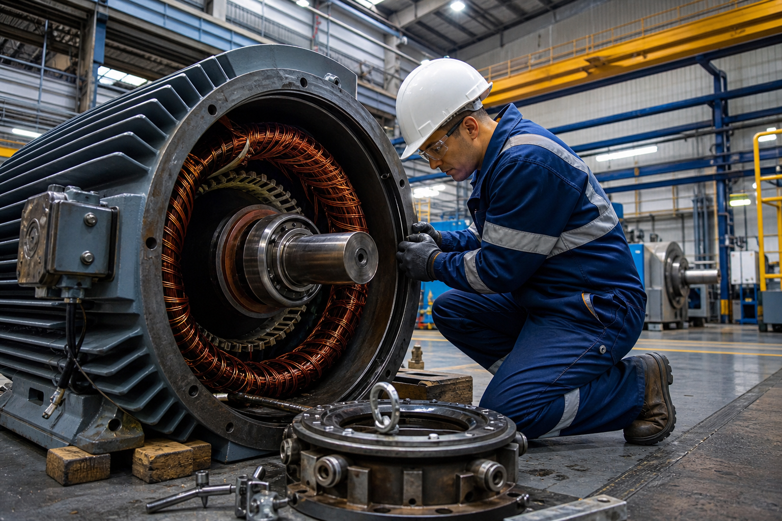 Industrial electric motor undergoing summer shutdown maintenance inspection at a central Ohio manufacturing plant